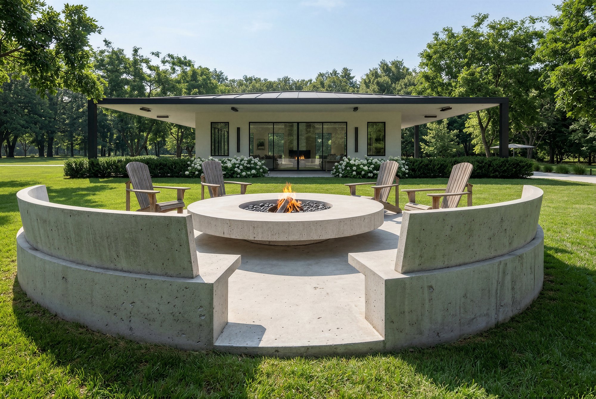 Curved concrete amphitheater seating around a round gas fire pit on the clubhouse lawn