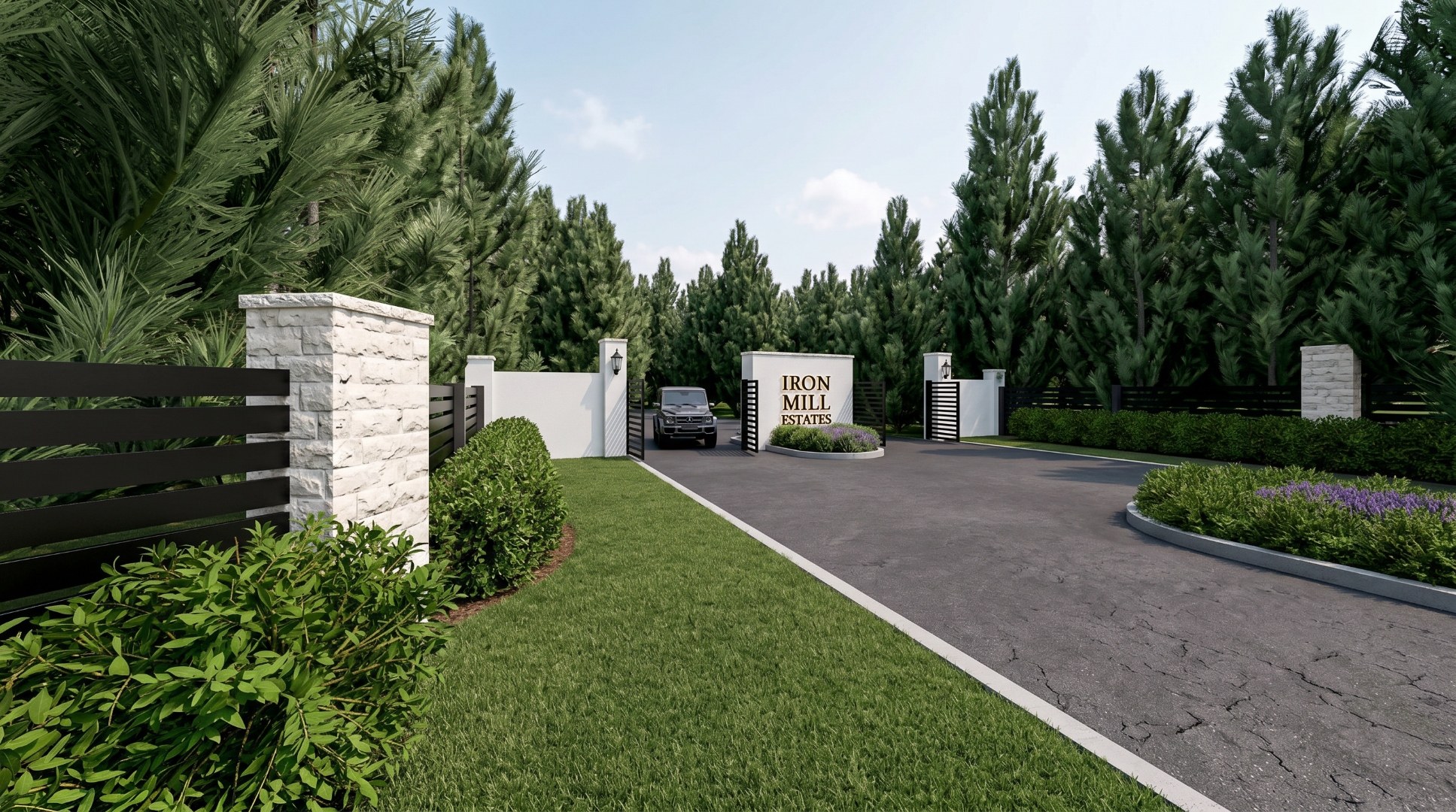 Ground-level view of the Iron Mill Estates gated entry showing the stacked-stone piers, monument sign, and split gates