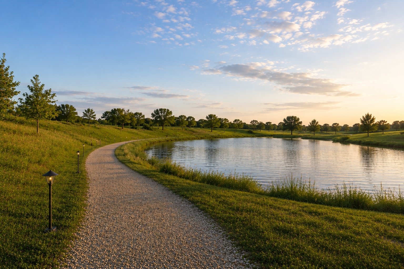 Landscape-lit walking trail curving around the community lake at sunset