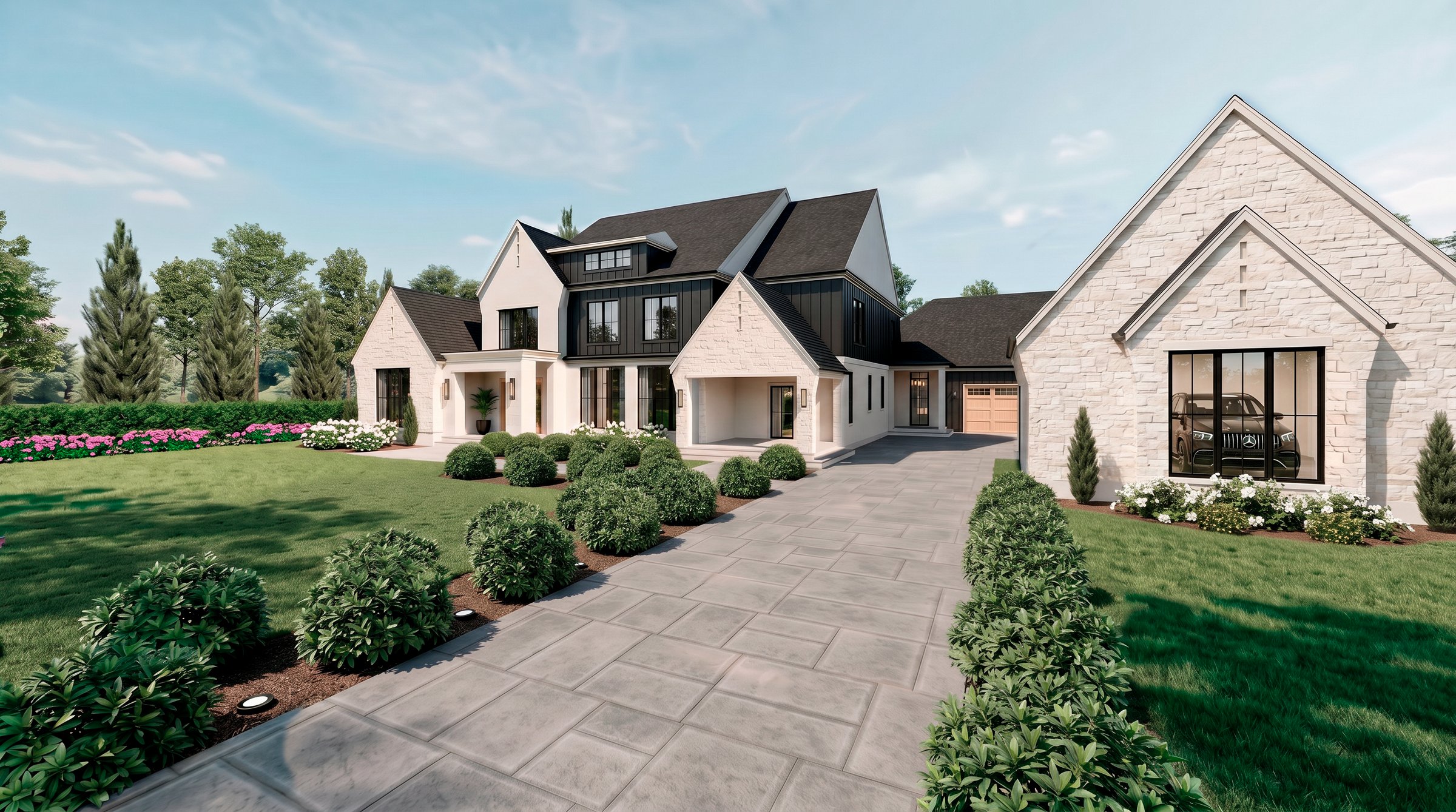 Lot 1 at Iron Mill Estates: modern-farmhouse custom estate by Alpha Fine Homes with stone and painted-brick facade, three-car garage, and paver driveway