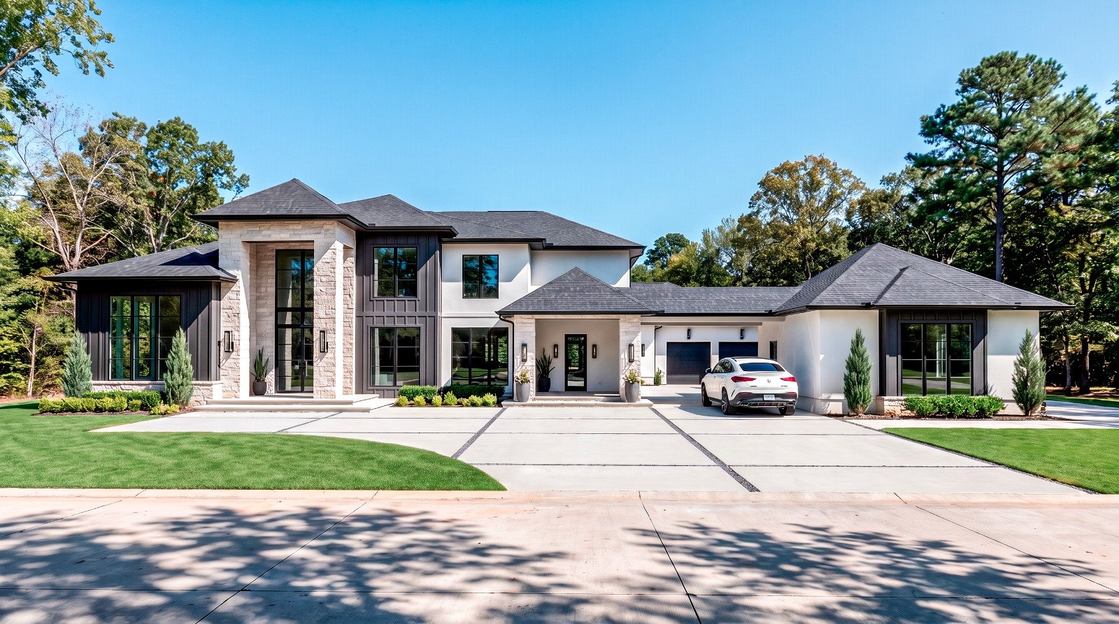 Lot 2 at Iron Mill Estates: two-story transitional estate with stone accent turret, black steel windows, and side-entry three-car garage on a landscaped Canton, Georgia homesite