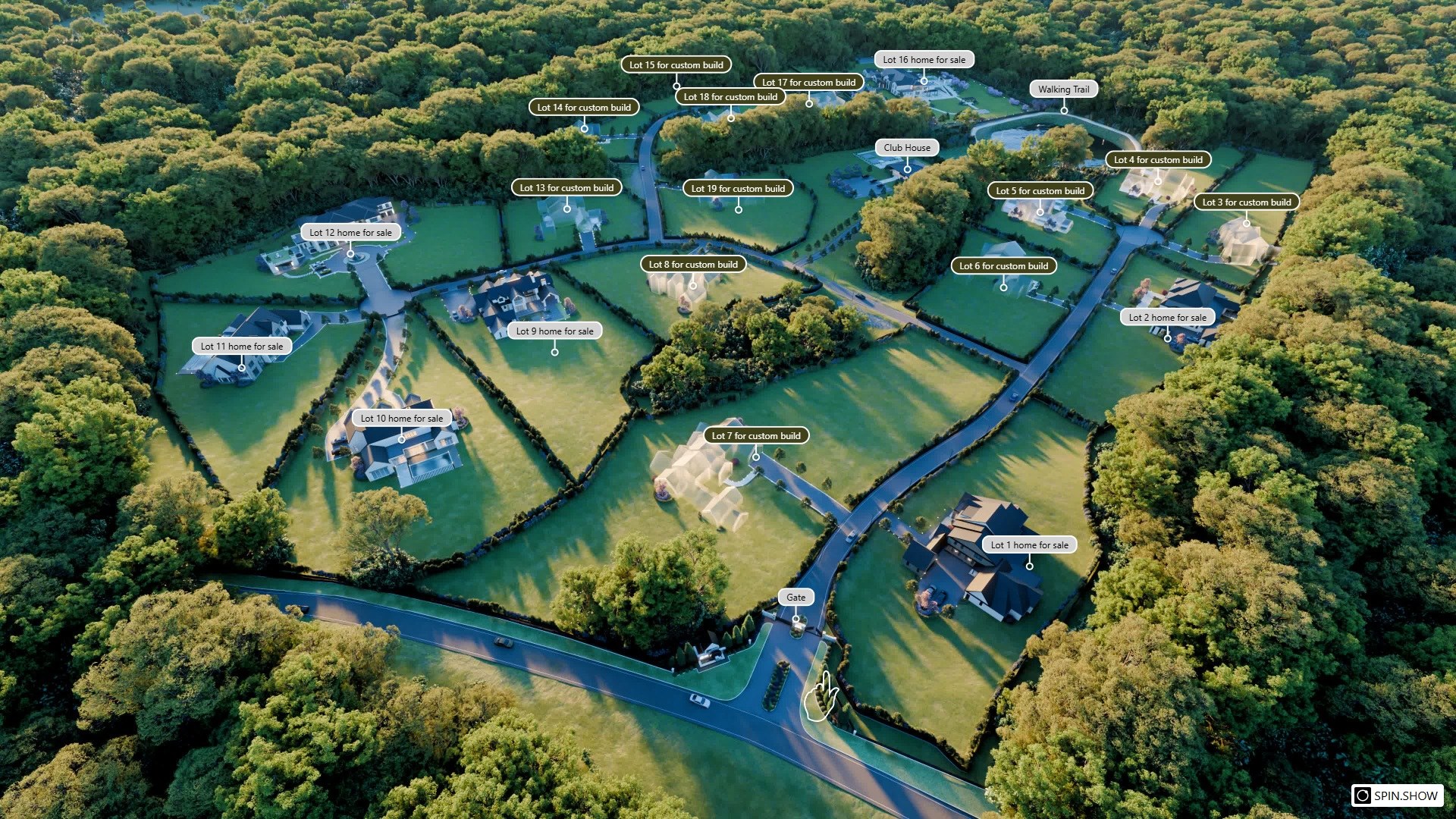 Aerial view of Iron Mill Estates 3D tour — all 20 lots labeled with availability, private lake, walking trail, and clubhouse visible